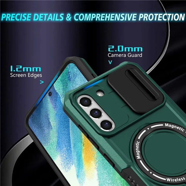 For Samsung Galaxy S21 FE 5G Case PC+TPU Magnetic Phone Shell with Slide Camera Coverish Green
