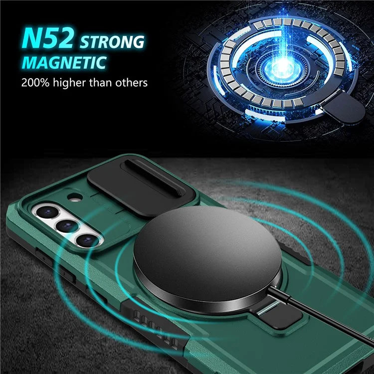 For Samsung Galaxy S21 FE 5G Case PC+TPU Magnetic Phone Shell with Slide Camera Coverish Green