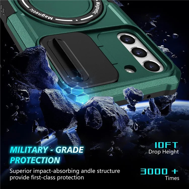For Samsung Galaxy S21 FE 5G Case PC+TPU Magnetic Phone Shell with Slide Camera Coverish Green