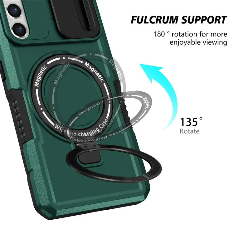 For Samsung Galaxy S21 FE 5G Case PC+TPU Magnetic Phone Shell with Slide Camera Coverish Green