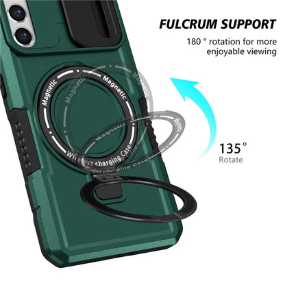 For Samsung Galaxy S21 FE 5G Case PC+TPU Magnetic Phone Shell with Slide Camera Coverish Green
