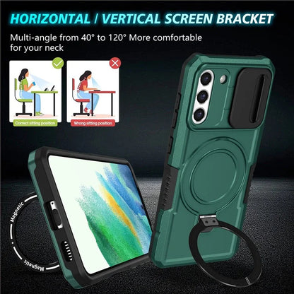 For Samsung Galaxy S21 FE 5G Case PC+TPU Magnetic Phone Shell with Slide Camera Coverish Green