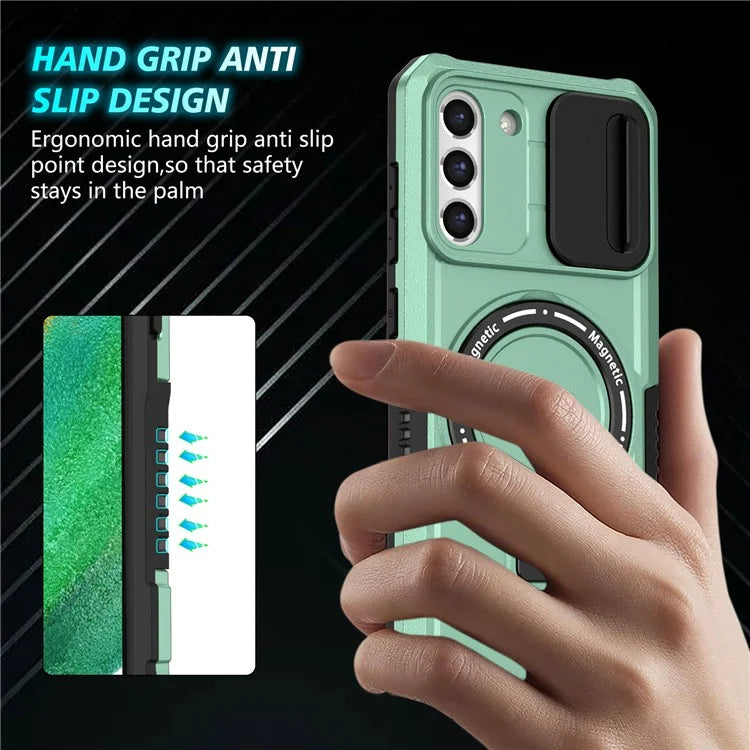 For Samsung Galaxy S21 FE 5G Case PC+TPU Magnetic Phone Shell with Slide Camera Cover