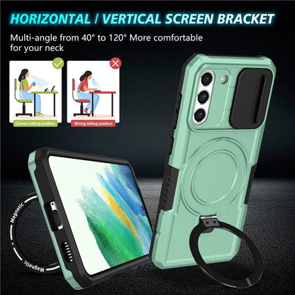 For Samsung Galaxy S21 FE 5G Case PC+TPU Magnetic Phone Shell with Slide Camera Cover