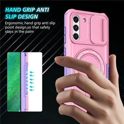 For Samsung Galaxy S21 FE 5G Case PC+TPU Magnetic Phone Shell with Slide Camera Cover