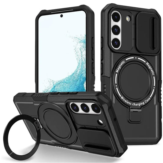 For Samsung Galaxy S22+ 5G kickstand Case PC+TPU Magnetic Phone Shell with Lens Cover