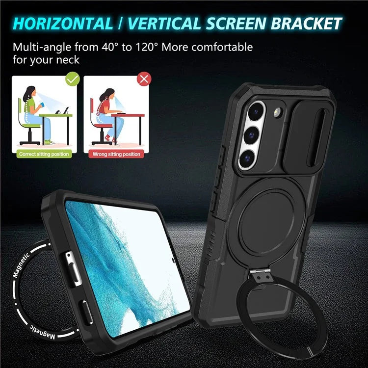 For Samsung Galaxy S22+ 5G kickstand Case PC+TPU Magnetic Phone Shell with Lens Cover