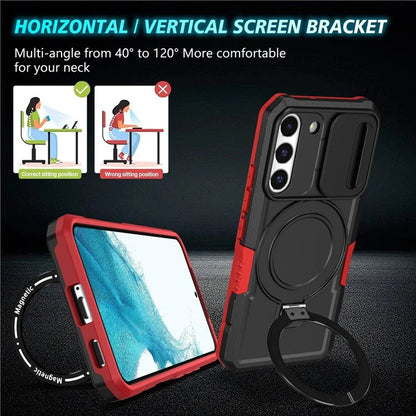 For Samsung Galaxy S22+ 5G kickstand Case PC+TPU Magnetic Phone Shell with Lens Cover