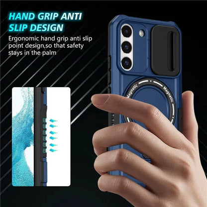 For Samsung Galaxy S22+ 5G kickstand Case PC+TPU Magnetic Phone Shell with Lens Cover