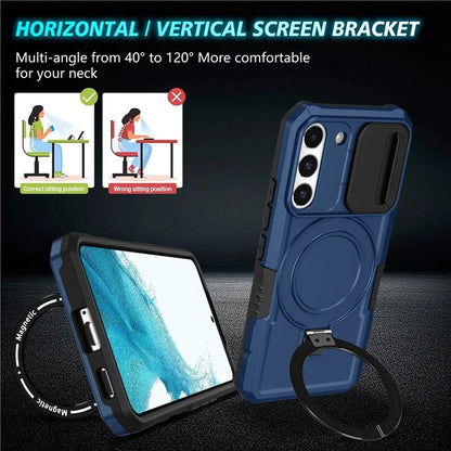 For Samsung Galaxy S22+ 5G kickstand Case PC+TPU Magnetic Phone Shell with Lens Cover