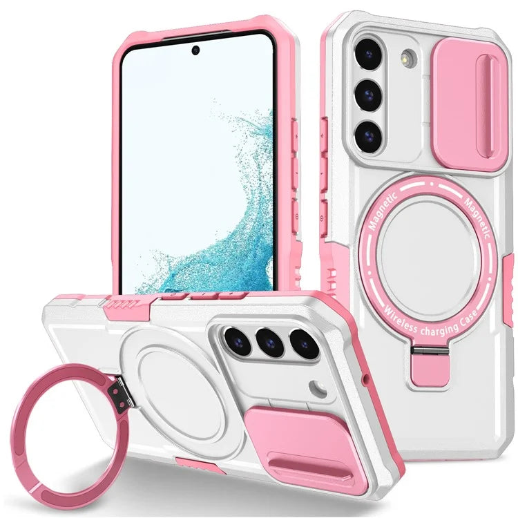 For Samsung Galaxy S22+ 5G kickstand Case PC+TPU Magnetic Phone Shell with Lens Cover