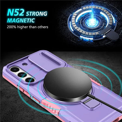 For Samsung Galaxy S22+ 5G kickstand Case PC+TPU Magnetic Phone Shell with Lens Cover