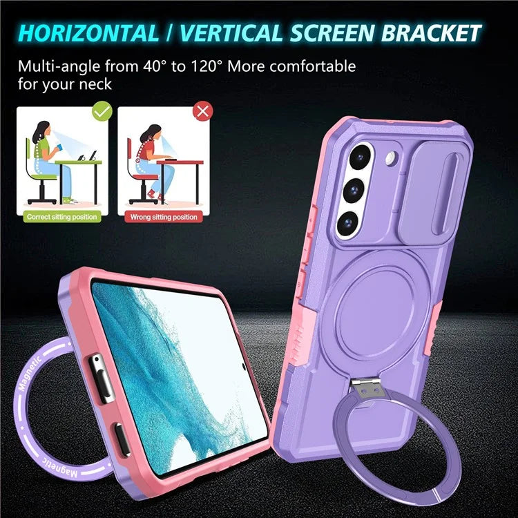 For Samsung Galaxy S22+ 5G kickstand Case PC+TPU Magnetic Phone Shell with Lens Cover