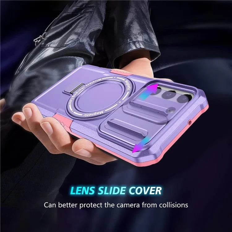 For Samsung Galaxy S22+ 5G kickstand Case PC+TPU Magnetic Phone Shell with Lens Cover
