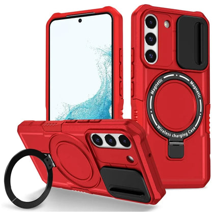 For Samsung Galaxy S22+ 5G kickstand Case PC+TPU Magnetic Phone Shell with Lens Cover