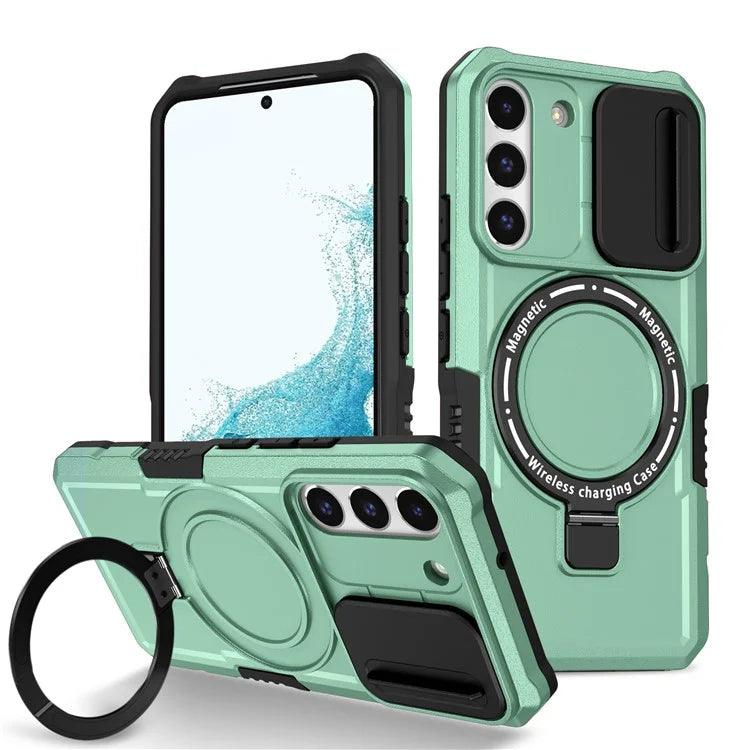 For Samsung Galaxy S22+ 5G kickstand Case PC+TPU Magnetic Phone Shell with Lens Cover