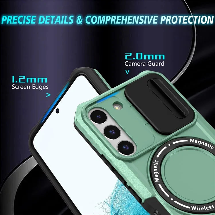 For Samsung Galaxy S22+ 5G kickstand Case PC+TPU Magnetic Phone Shell with Lens Cover