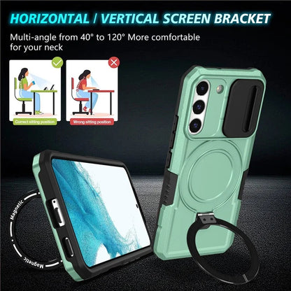 For Samsung Galaxy S22+ 5G kickstand Case PC+TPU Magnetic Phone Shell with Lens Cover