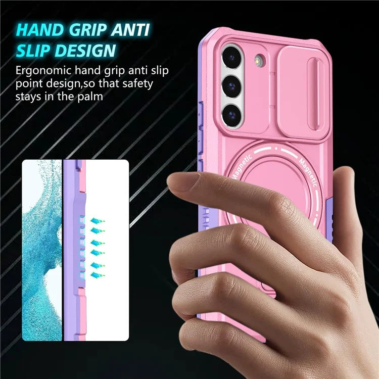 For Samsung Galaxy S22+ 5G kickstand Case PC+TPU Magnetic Phone Shell with Lens Cover