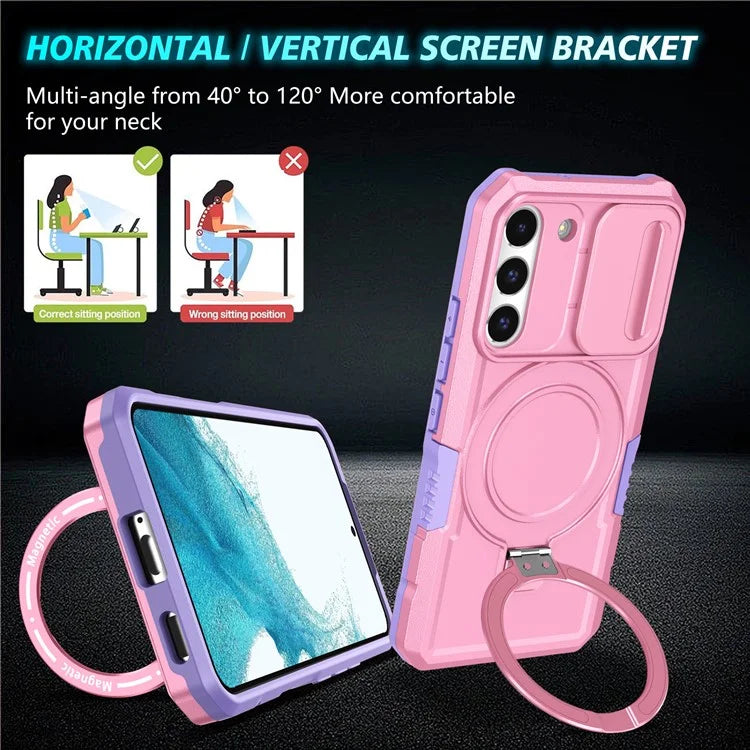 For Samsung Galaxy S22+ 5G kickstand Case PC+TPU Magnetic Phone Shell with Lens Cover