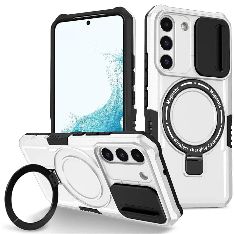 For Samsung Galaxy S22+ 5G kickstand Case PC+TPU Magnetic Phone Shell with Lens Cover / White