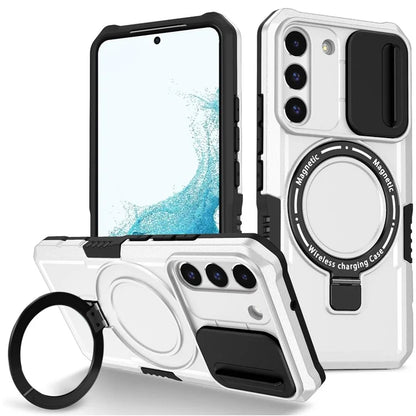 For Samsung Galaxy S22+ 5G kickstand Case PC+TPU Magnetic Phone Shell with Lens Cover / White