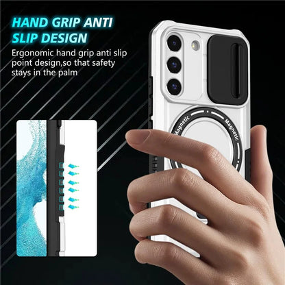 For Samsung Galaxy S22+ 5G kickstand Case PC+TPU Magnetic Phone Shell with Lens Cover / White