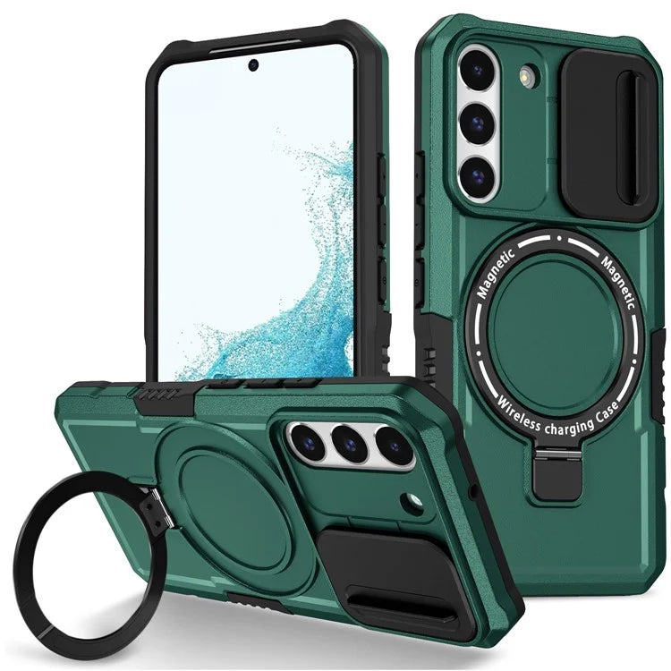 For Samsung Galaxy S22+ 5G kickstand Case PC+TPU Magnetic Phone Shell with Lens Coverish Green