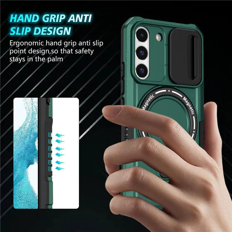 For Samsung Galaxy S22+ 5G kickstand Case PC+TPU Magnetic Phone Shell with Lens Coverish Green