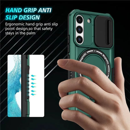 For Samsung Galaxy S22+ 5G kickstand Case PC+TPU Magnetic Phone Shell with Lens Coverish Green