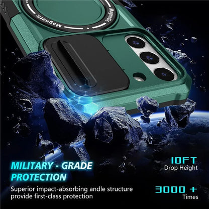 For Samsung Galaxy S22+ 5G kickstand Case PC+TPU Magnetic Phone Shell with Lens Coverish Green