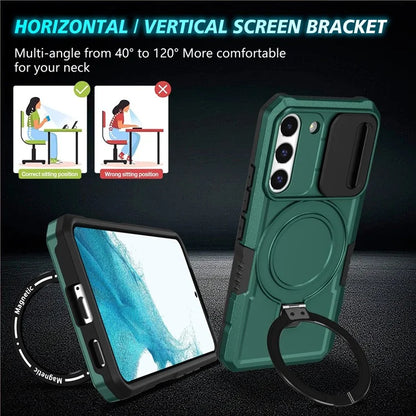 For Samsung Galaxy S22+ 5G kickstand Case PC+TPU Magnetic Phone Shell with Lens Coverish Green