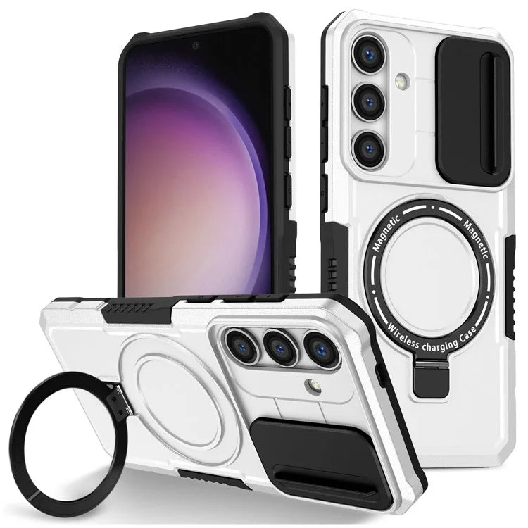 For Samsung Galaxy S24 Case Compatible with MagSafe PC+TPU Phone Case with Lens Lid / White