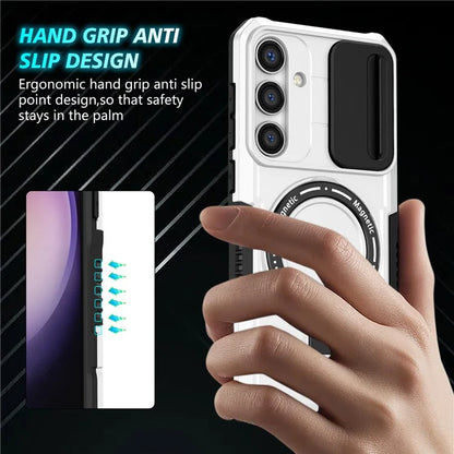 For Samsung Galaxy S24 Case Compatible with MagSafe PC+TPU Phone Case with Lens Lid / White
