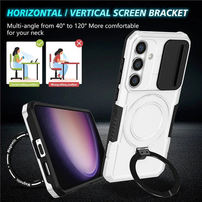 For Samsung Galaxy S24 Case Compatible with MagSafe PC+TPU Phone Case with Lens Lid / White