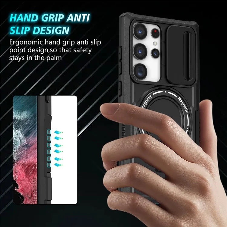 For Samsung Galaxy S22 Ultra 5G Magnetic Phone Case PC+TPU Slide Lens Window Kickstand Shell