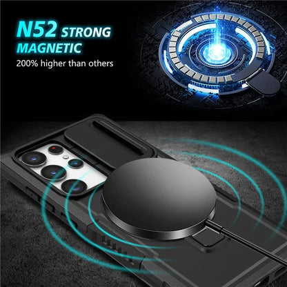 For Samsung Galaxy S22 Ultra 5G Magnetic Phone Case PC+TPU Slide Lens Window Kickstand Shell
