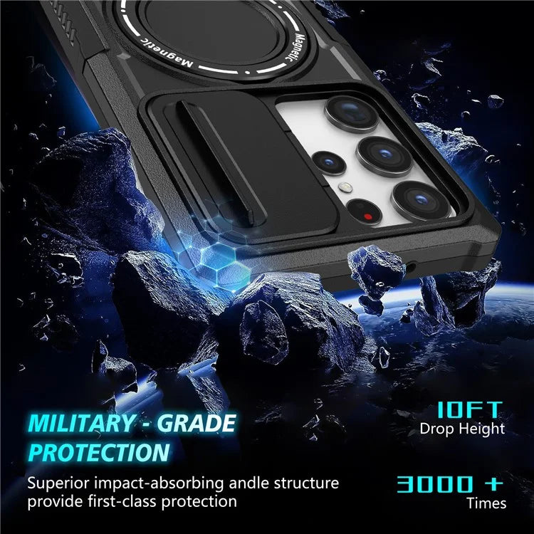For Samsung Galaxy S22 Ultra 5G Magnetic Phone Case PC+TPU Slide Lens Window Kickstand Shell