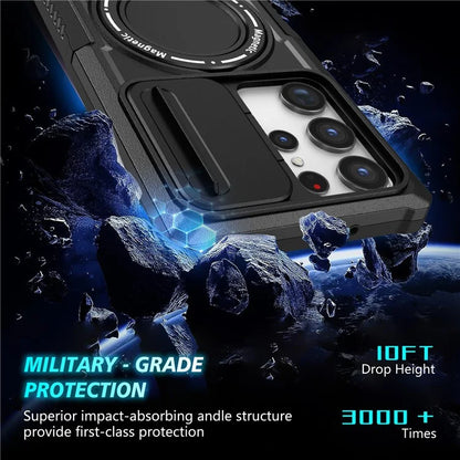 For Samsung Galaxy S22 Ultra 5G Magnetic Phone Case PC+TPU Slide Lens Window Kickstand Shell
