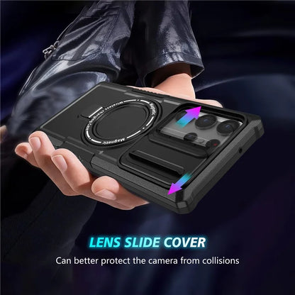 For Samsung Galaxy S22 Ultra 5G Magnetic Phone Case PC+TPU Slide Lens Window Kickstand Shell