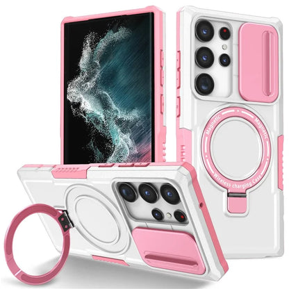 For Samsung Galaxy S22 Ultra 5G Magnetic Phone Case PC+TPU Slide Lens Window Kickstand Shell