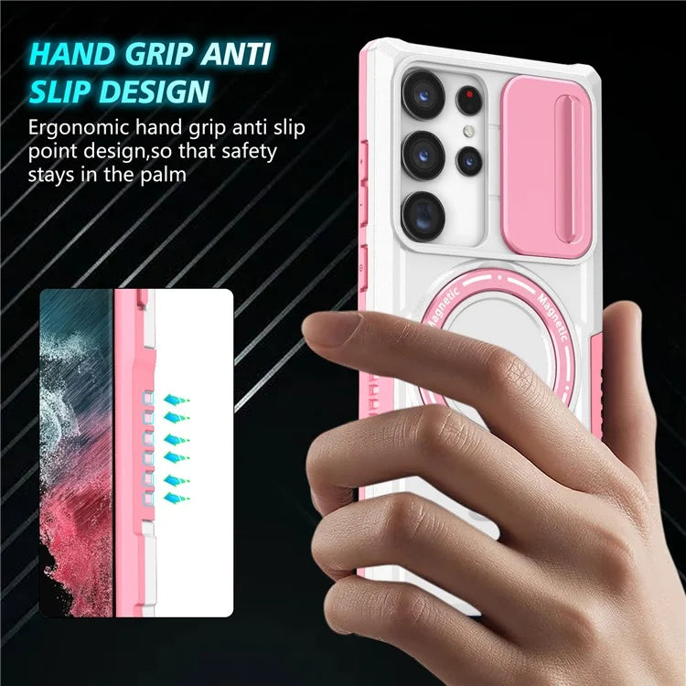 For Samsung Galaxy S22 Ultra 5G Magnetic Phone Case PC+TPU Slide Lens Window Kickstand Shell