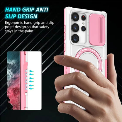For Samsung Galaxy S22 Ultra 5G Magnetic Phone Case PC+TPU Slide Lens Window Kickstand Shell