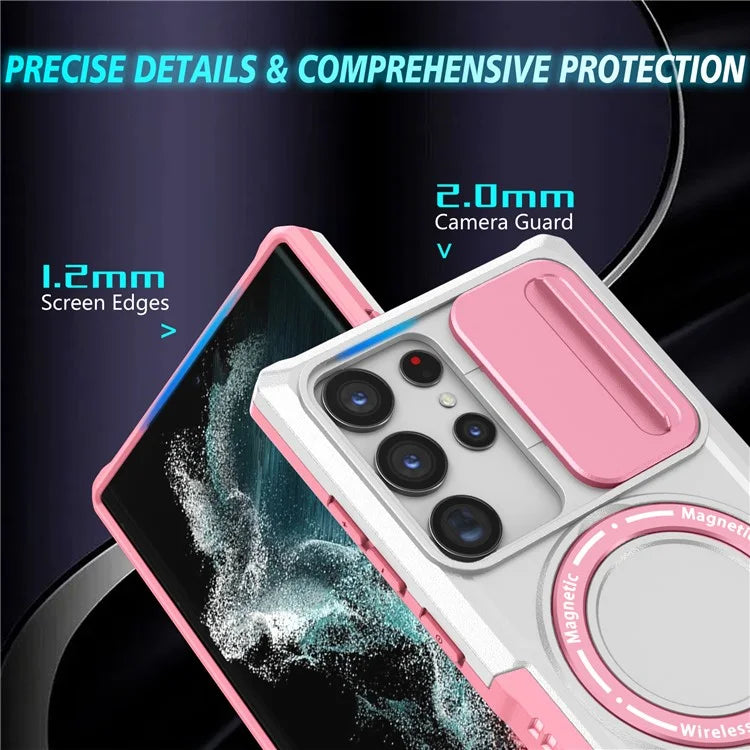 For Samsung Galaxy S22 Ultra 5G Magnetic Phone Case PC+TPU Slide Lens Window Kickstand Shell