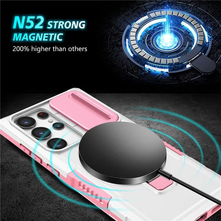 For Samsung Galaxy S22 Ultra 5G Magnetic Phone Case PC+TPU Slide Lens Window Kickstand Shell