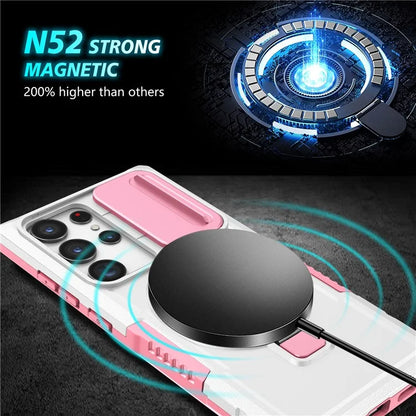 For Samsung Galaxy S22 Ultra 5G Magnetic Phone Case PC+TPU Slide Lens Window Kickstand Shell
