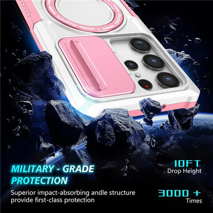 For Samsung Galaxy S22 Ultra 5G Magnetic Phone Case PC+TPU Slide Lens Window Kickstand Shell