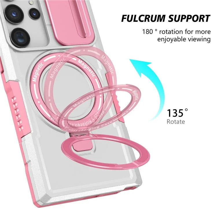 For Samsung Galaxy S22 Ultra 5G Magnetic Phone Case PC+TPU Slide Lens Window Kickstand Shell