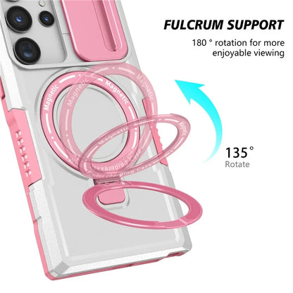 For Samsung Galaxy S22 Ultra 5G Magnetic Phone Case PC+TPU Slide Lens Window Kickstand Shell