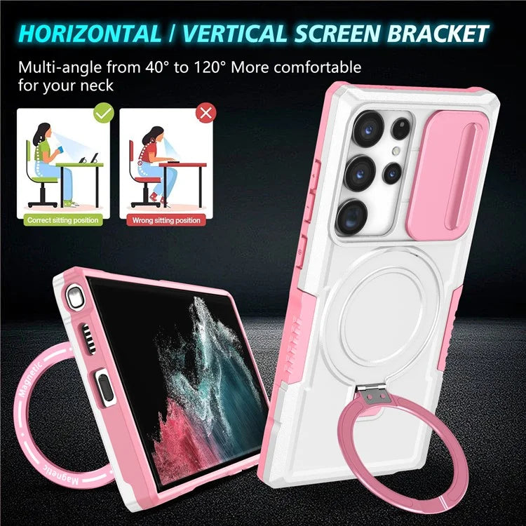 For Samsung Galaxy S22 Ultra 5G Magnetic Phone Case PC+TPU Slide Lens Window Kickstand Shell